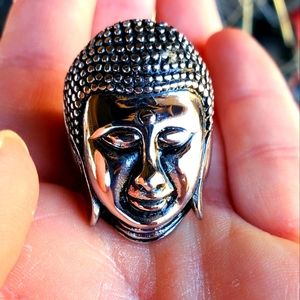 New Huge Buddha Head Silver Stainless Steel Statement Ring.